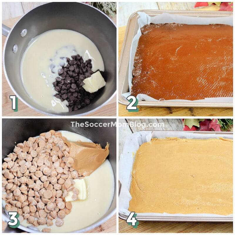 step by step 4 photo collage showing how to make layered peanut butter chocolate fudge