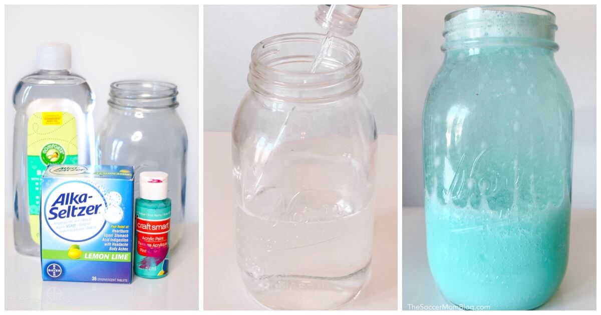 3 photo collage showing how to make a snow storm in a jar