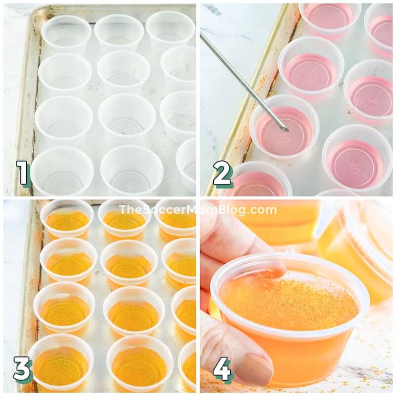 photo step by step collage showing how to make pink and gold jello shots