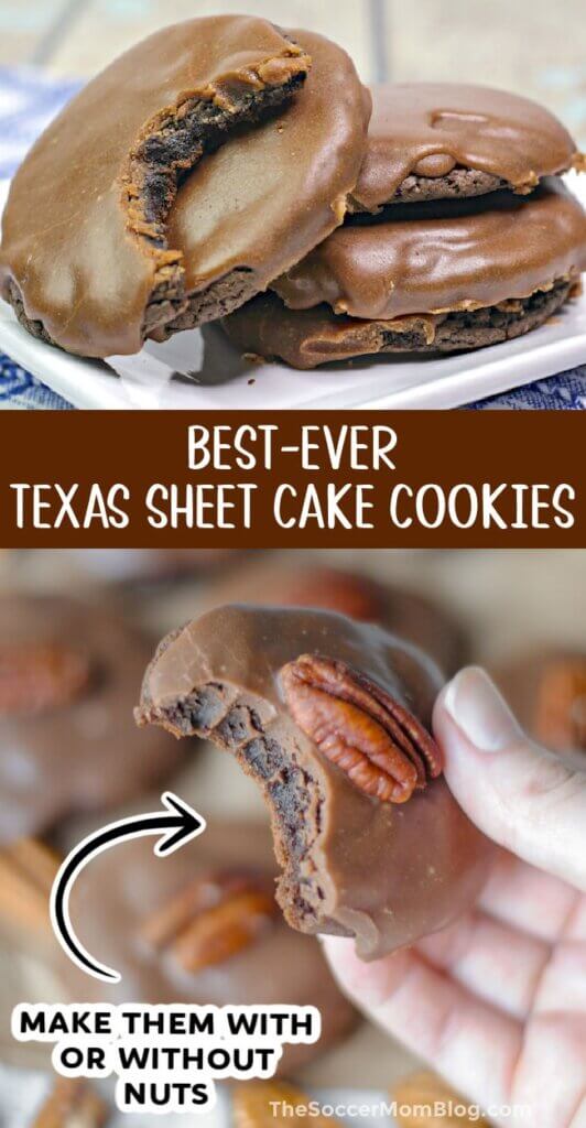 2 photo vertical Pinterest image featuring chocolate cookies, text overlay "Best Ever Texas Sheet Cake Cookies".