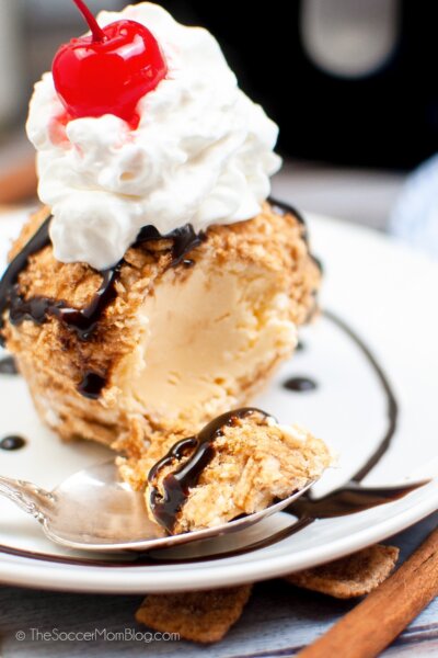 homemade fried ice cream with a spoonful missing