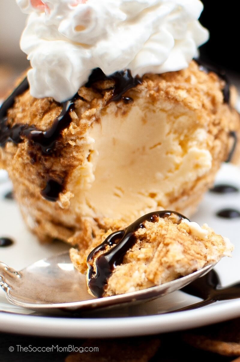 spoon scooping a bite of fried ice cream