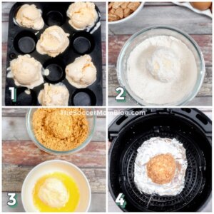 4-step photo collage showing how to make air fryer fried ice cream