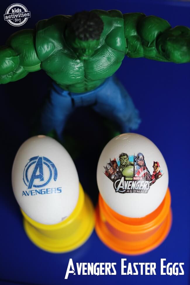 eggs with Avengers themed stickers on them