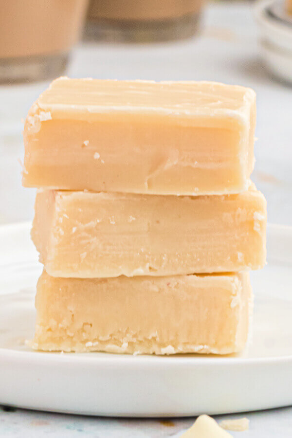 stack of light tan fudge made with Bailey's