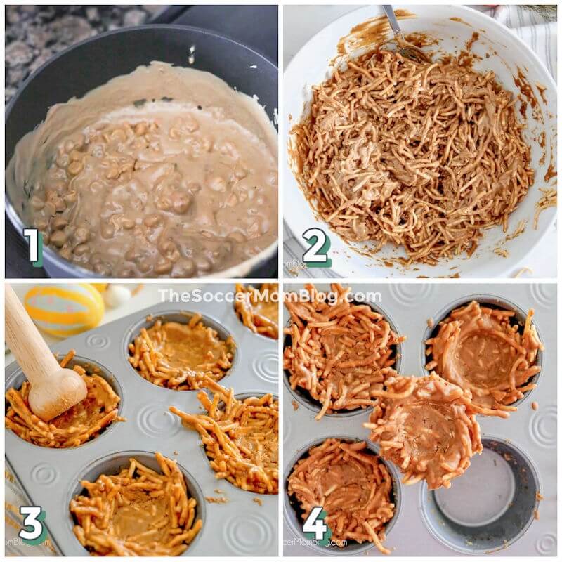 4 step photo collage showing how to make bird nest cookies