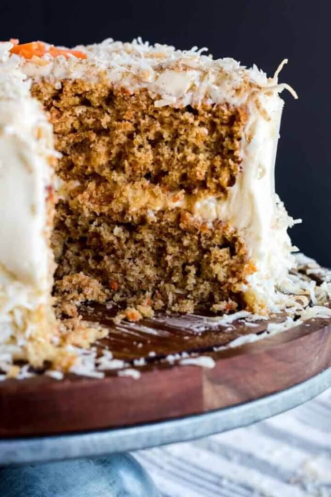 carrot cake with shredded coconut on top