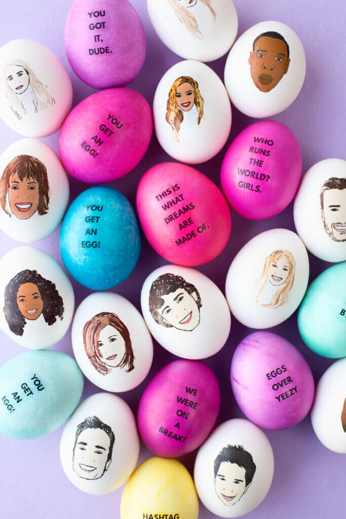 eggs decorated with drawings of celebrities faces