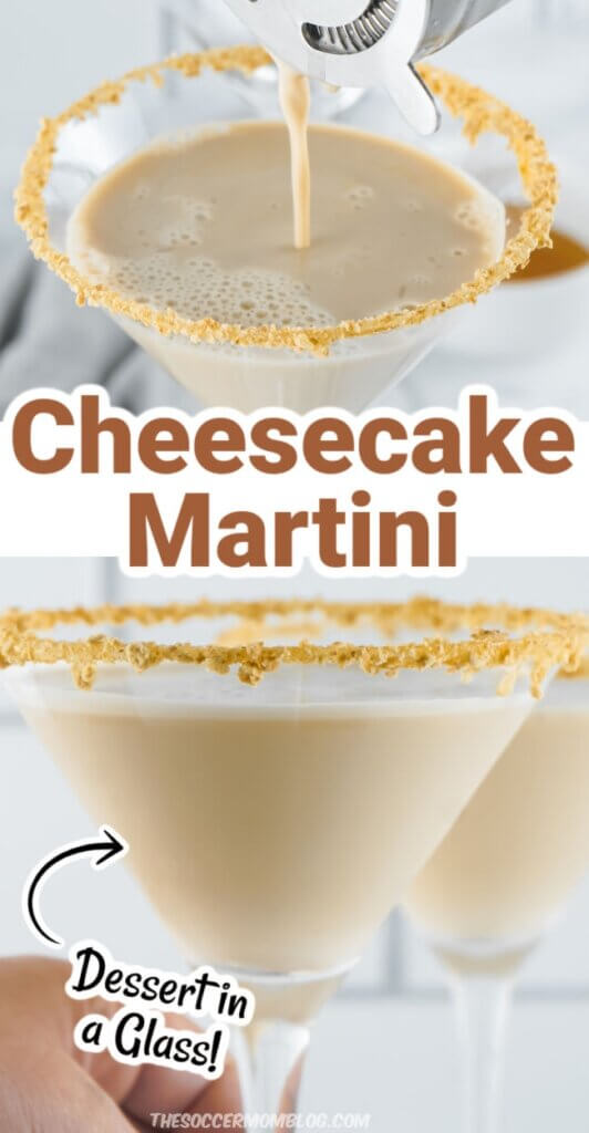 2 photo vertical collage of cheesecake martini drink