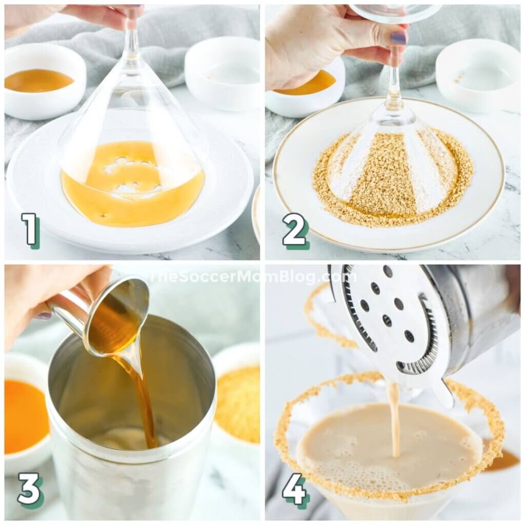 4 step photo collage illustrating how to make a cheesecake martini with graham cracker rim