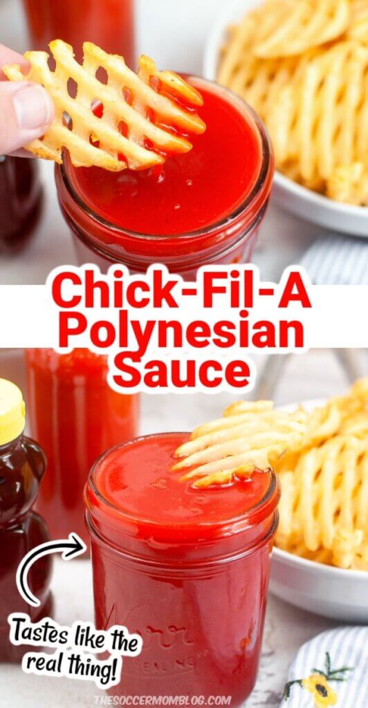 2 photo vertical collage of homemade sweet & sour sauce in mason jar; text overlay "Chick-Fil-A Polynesian Sauce"