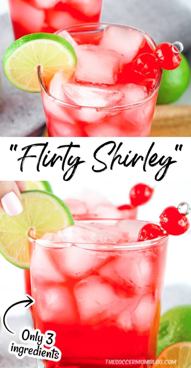 2 photo collage of a bright red cocktail; text overlay "Flirty Shirley"