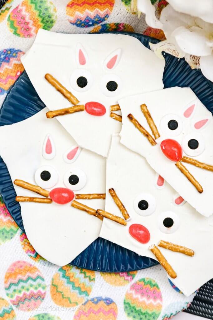 white chocolate bark decorated with candy to look like Easter bunny faces