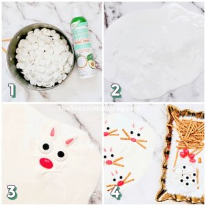 4-step photo collage showing how to make Easter Bunny Bark with white chocolate and candy