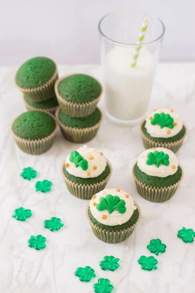 green velvet cupcakes decorated for St. Patrick's Day