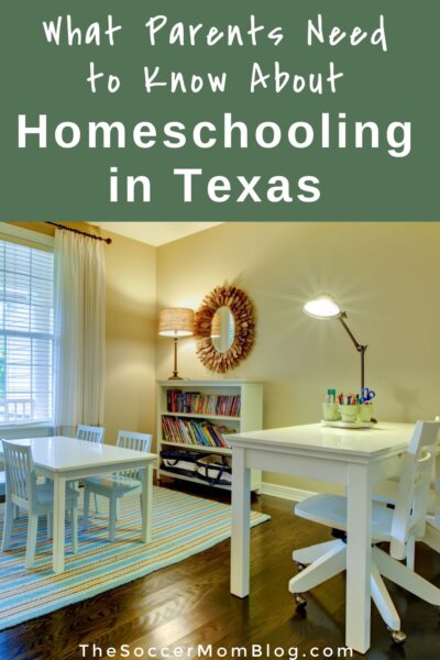 photo of home learning area with child's desk; text overlay "What Parents Need to Know About Homeschooling in Texas"