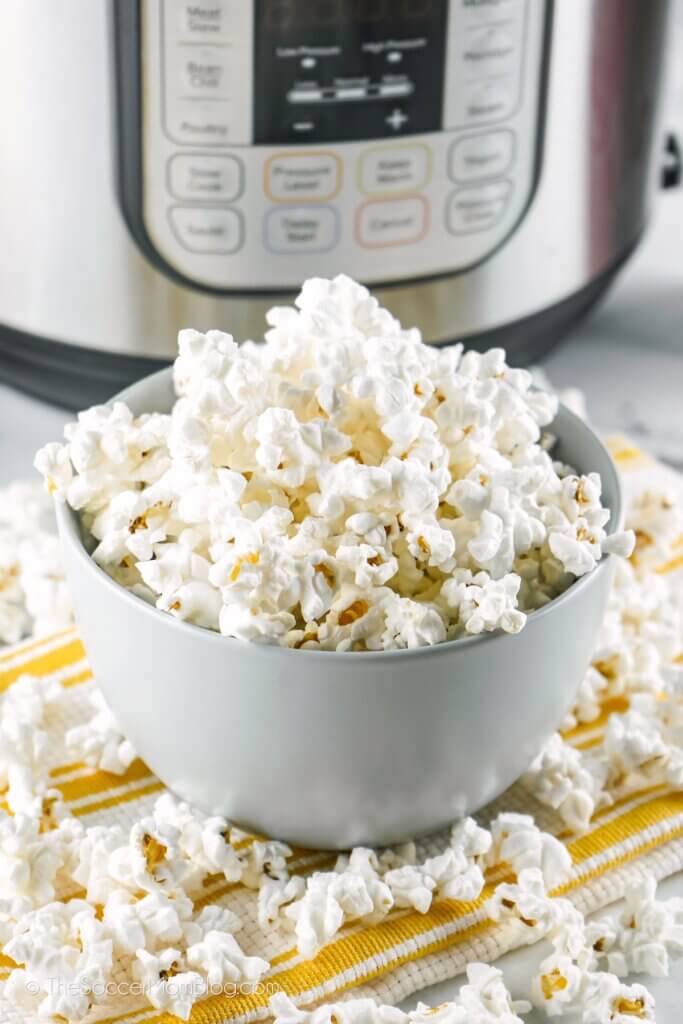 homemade popcorn with Instant Pot in background