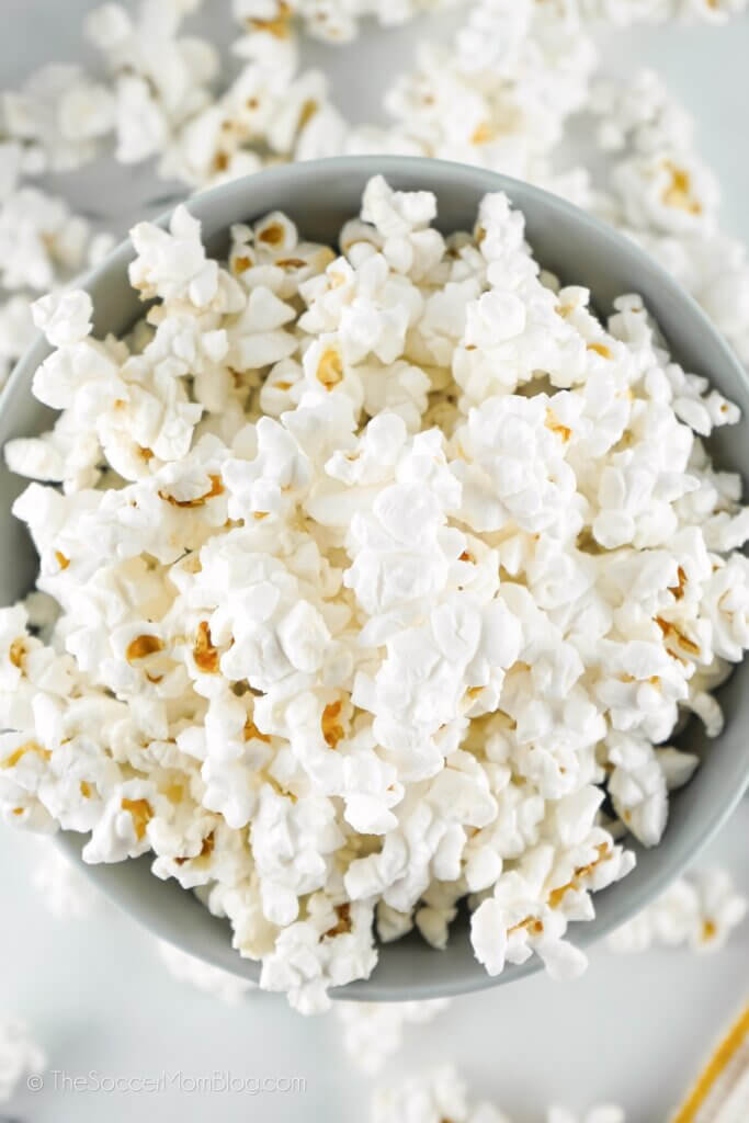 Top down view of Instant Pot Popcorn in a bowl