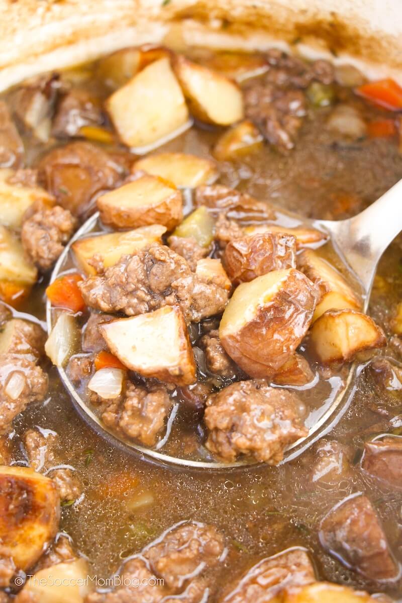 close up of a ladle of Irish beef stew
