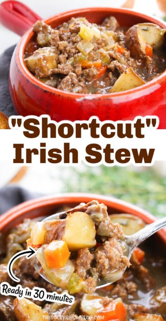 2 photo vertical collage of Irish beef stew in pot