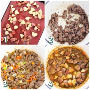 4 step photo collage showing how to make Irish Stew with ground beef