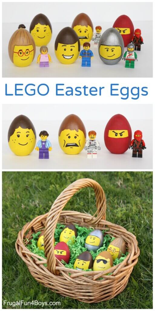 Easter eggs decorated to look like LEGO people heads