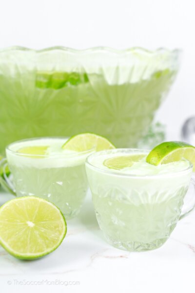green lime sherbet punch in bowl and glasses
