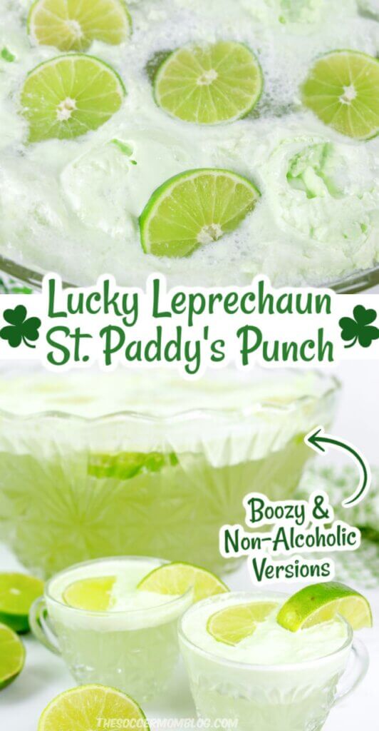 2 photo collage of green lime punch; text overlay "Lucky Leprechaun St. Paddy's Punch"