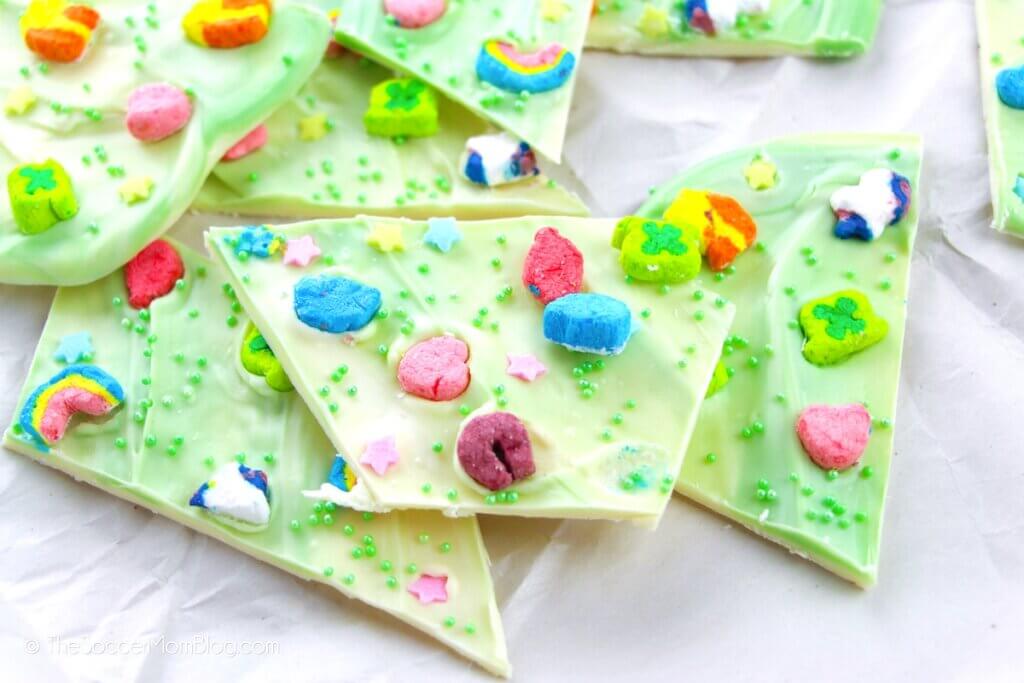 Lucky Charms chocolate bark -- white and green swirled with colorful marshmallows
