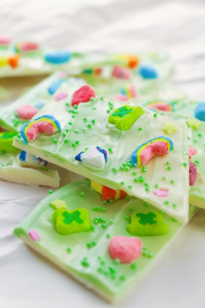 "Leprechaun Bark" pieces of white and green swirled chocolate bark with Lucky Charms marshmallows