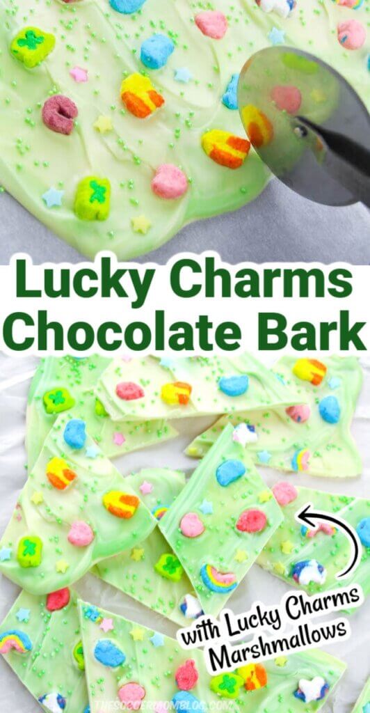 2 photo vertical collage showing green Leprechaun candy bark with Lucky Charms marshmallows