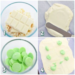 4-step photo collage showing how to melt white and green chocolate to make candy bark