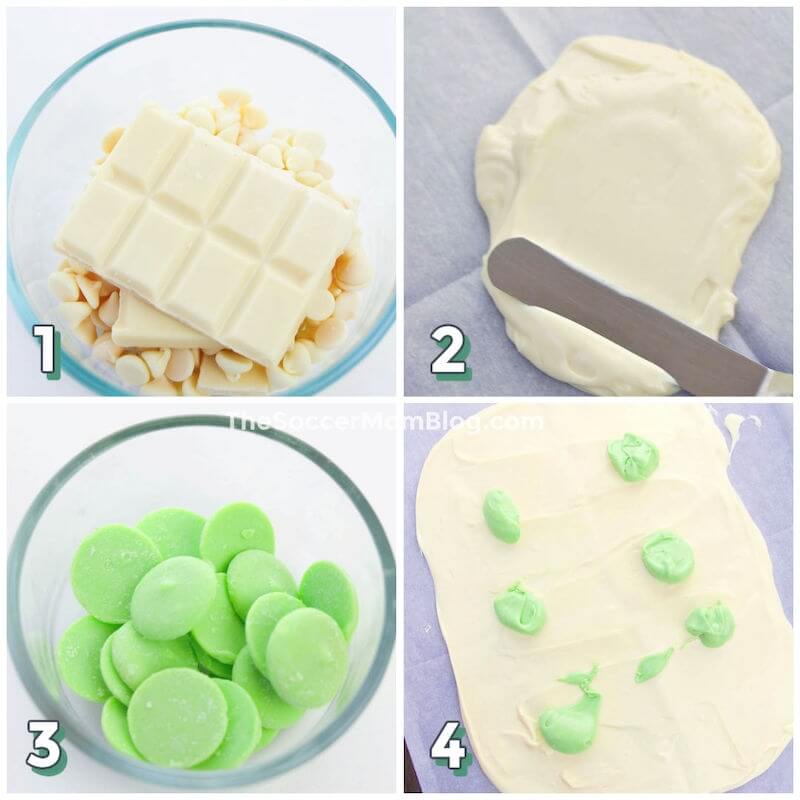 4-step photo collage showing how to melt white and green chocolate to make Leprechaun bark