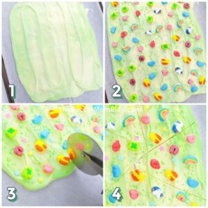 4 step photo collage showing how to decorate green St. Patrick's Day candy bark with Lucky Charms marshmallows