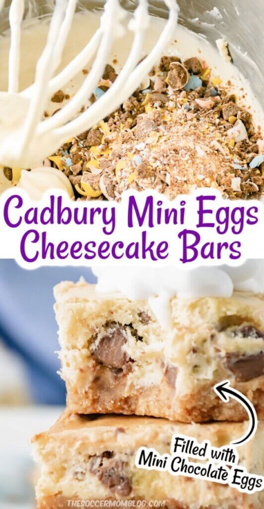 2 photo collage showing how to make cheesecake bars with mini eggs