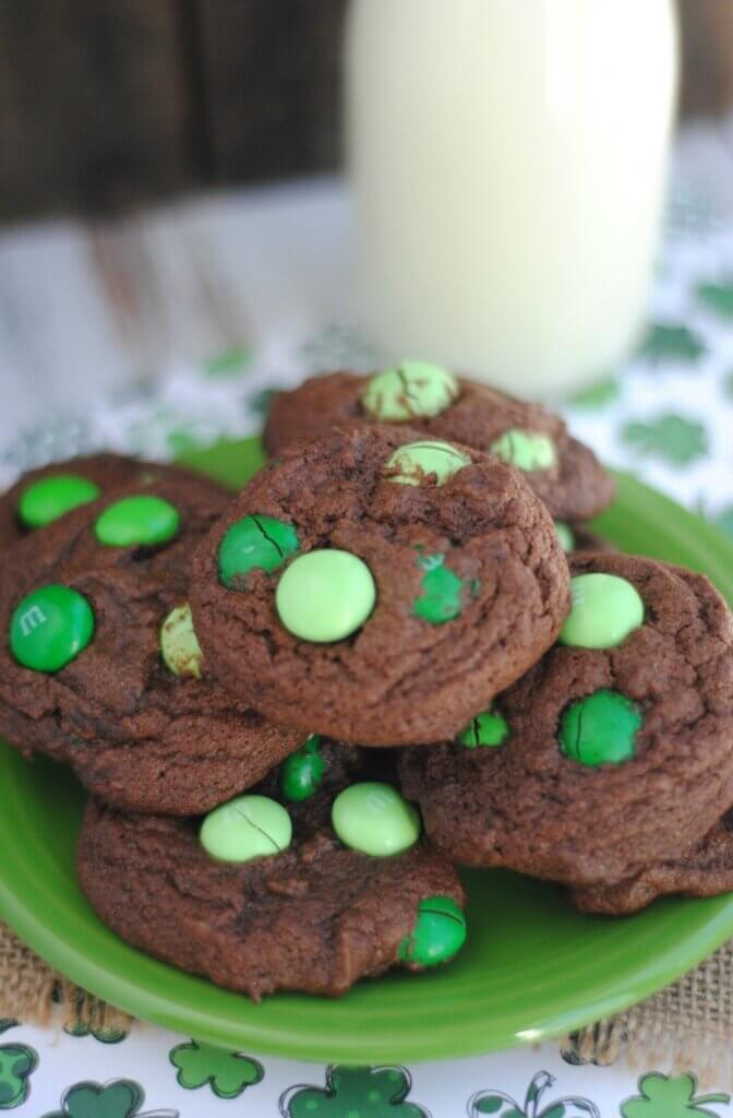 chocolate cookies with green M&Ms
