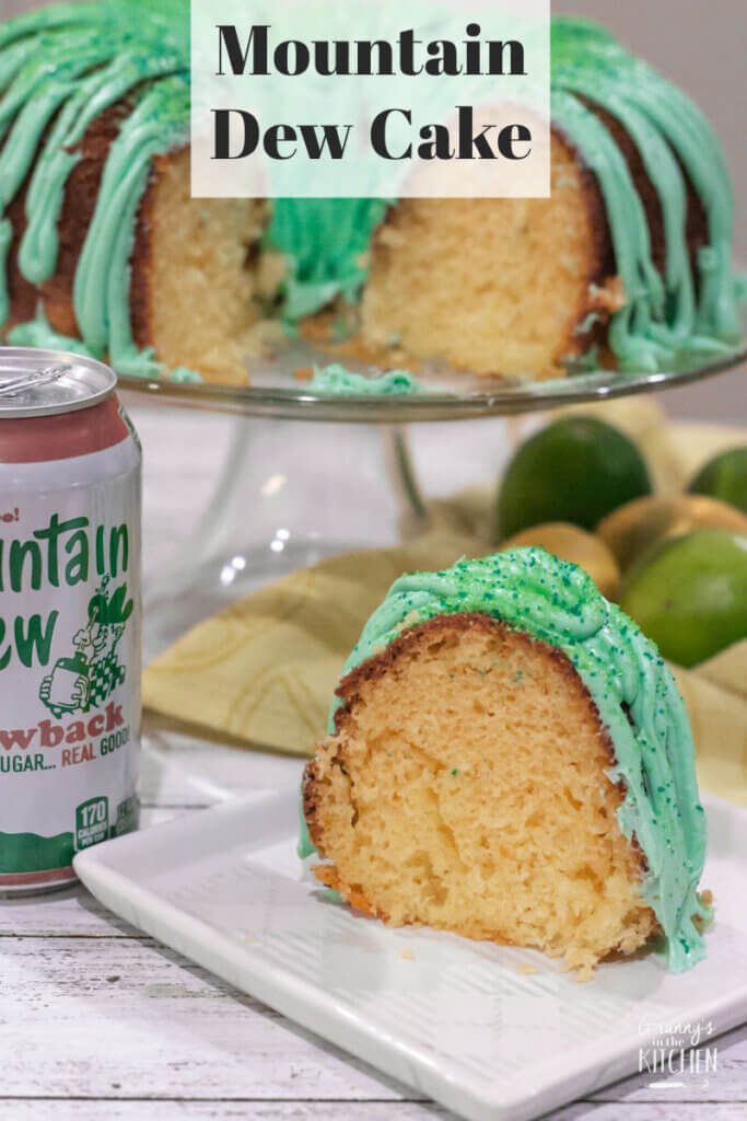bundt cake with green frosting and Mountain Dew can
