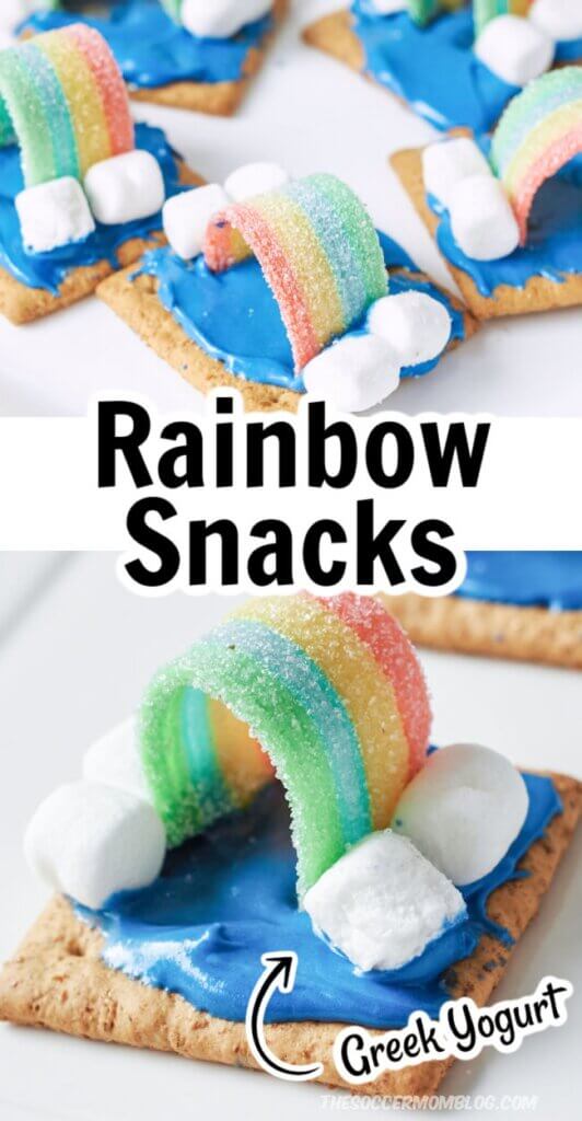 2 photo vertical collage showing rainbow frosted graham crackers