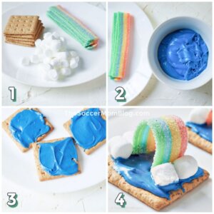 4 step photo collage showing how to decorate graham crackers to look like rainbows