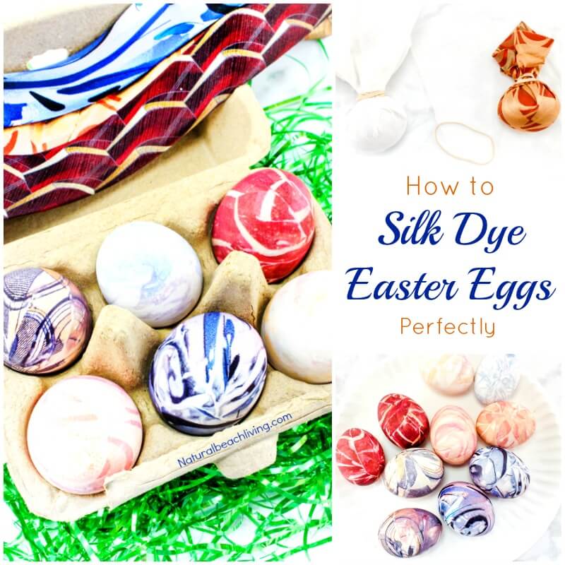 marbled eggs; text overlay "How to Silk Dye Easter Eggs Perfectly"