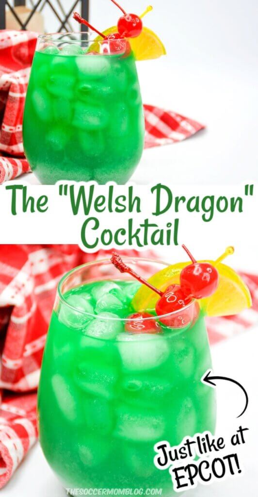 2 photo collage of a bright green cocktail called "The Welsh Dragon"