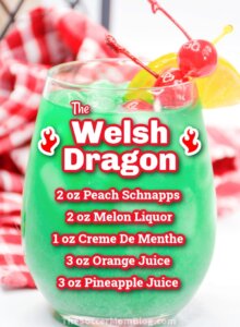 green cocktail with ingredients listed "The Welsh Dragon"
