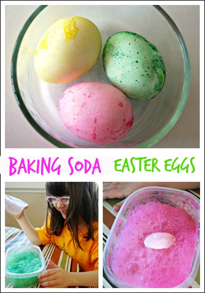 collage showing how to dye eggs with bubble baking soda dyes