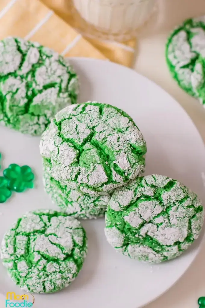 bright green crinkle cookies topped with powdered sugar