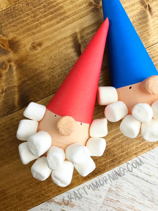 eggs decorated to look like gnomes, with marshmallow beards