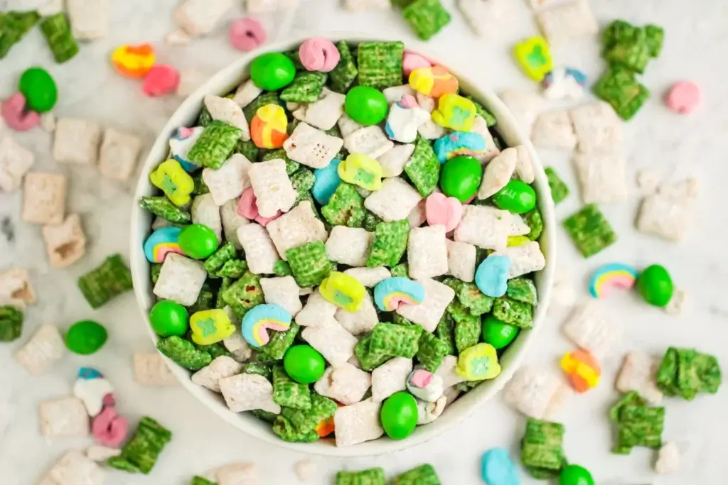snack mix made with green Chex and Lucky Charms cereal