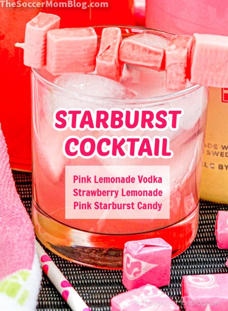 Starburst cocktail close up with ingredients listed on glass