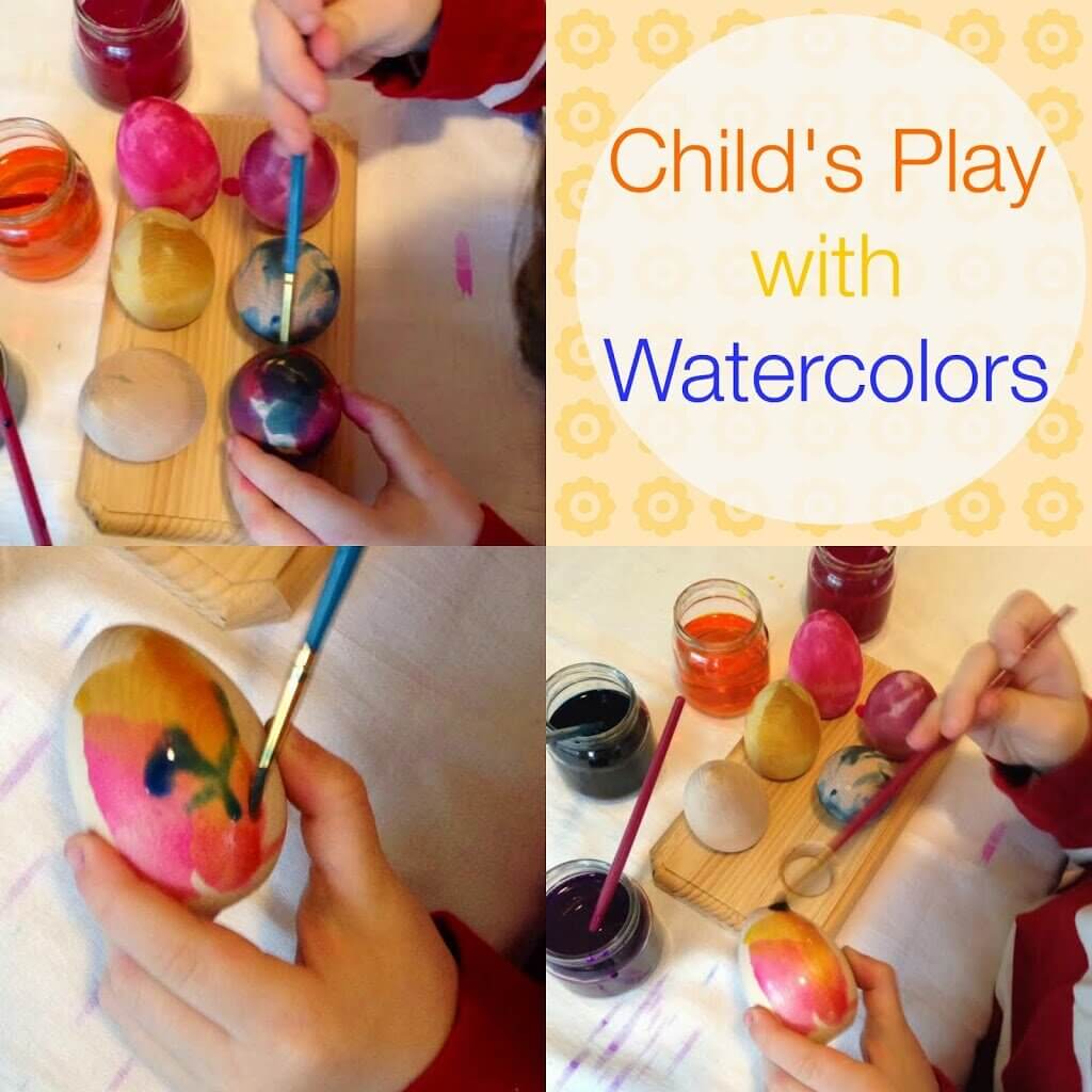4 photo collage showing kids painting Easter eggs with watercolors