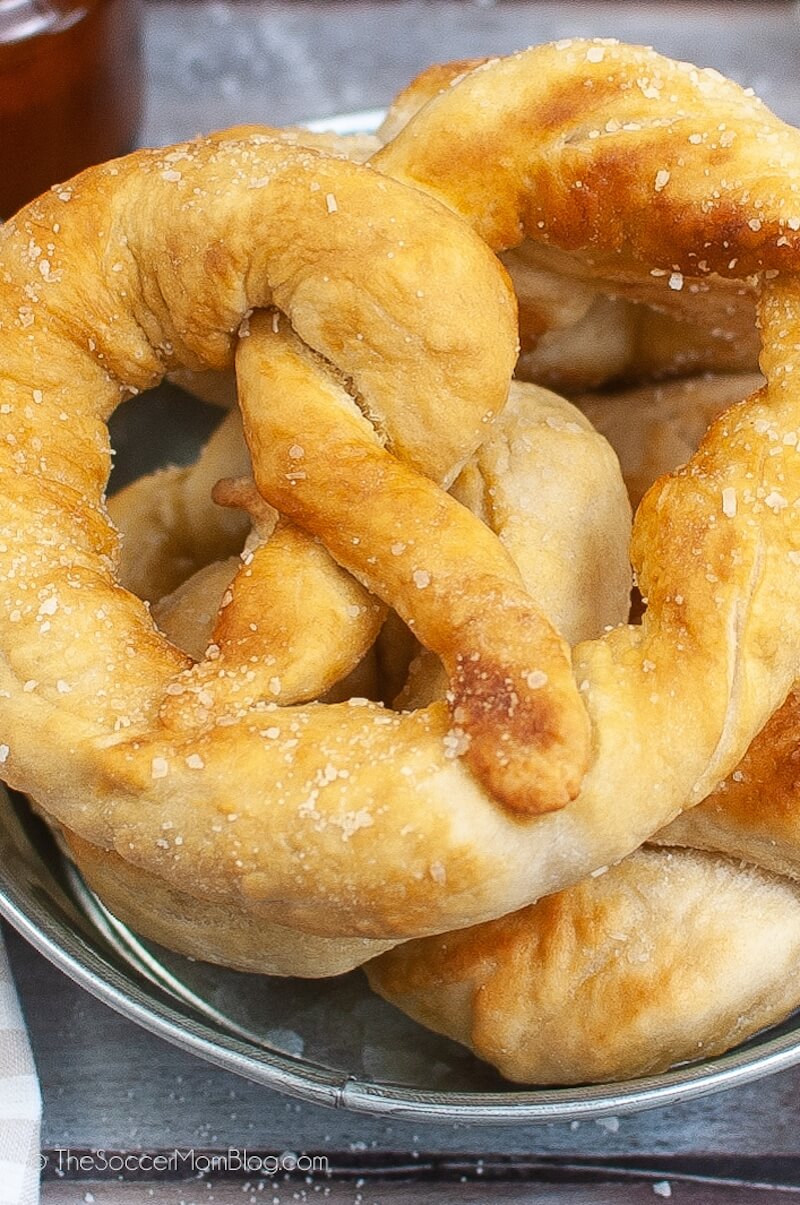 close up of homemade soft pretzels