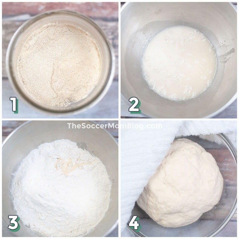 4-step photo collage showing how to make yeast dough